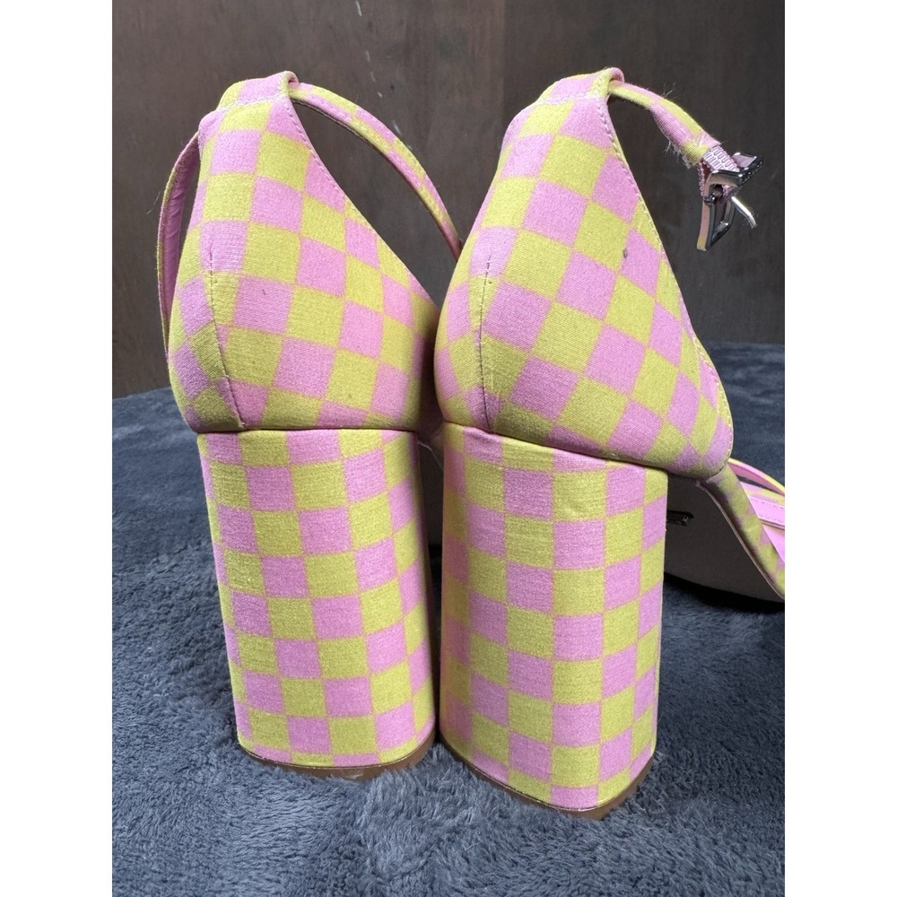 Gianni Bini Checkered Satin Ankle Strap Square Toe Block Heel Sandal 9.5 Pink - Picture 2 of 8